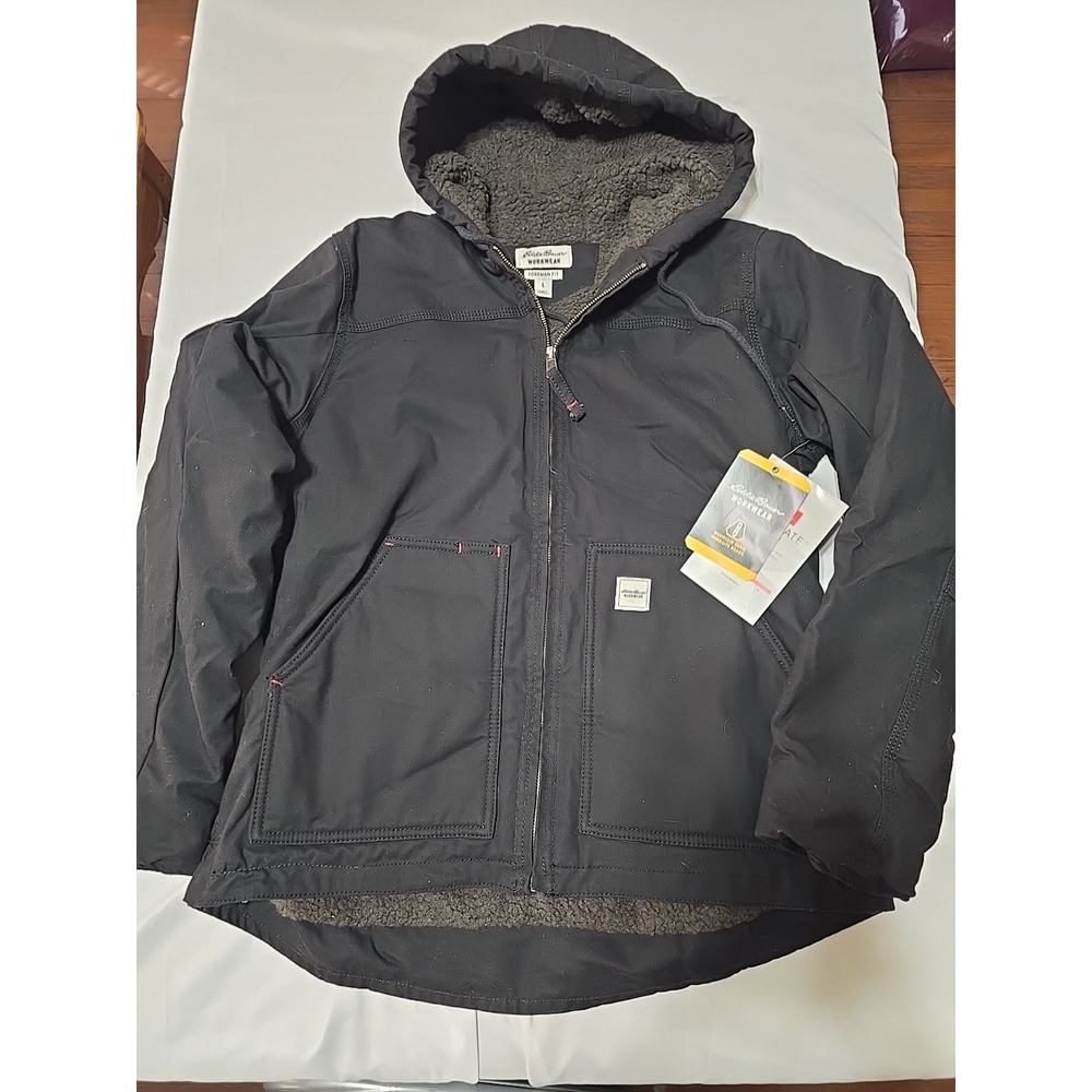 NEW Eddie Bauer‎ Workwear Mens Large Hooded Coat Black Foreman Fit 3M Insulated